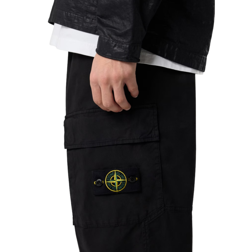Pantalon cargo STONE ISLAND ample taille élastique sergé coton bio noir