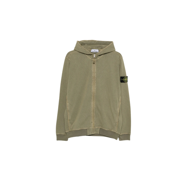 Sweat-shirt zippé STONE ISLAND capuche molleton coton flammé kaki