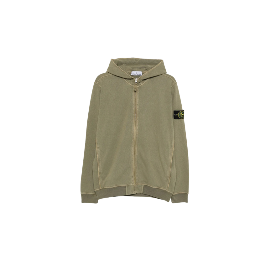 Sweat-shirt zippé STONE ISLAND capuche molleton coton flammé kaki