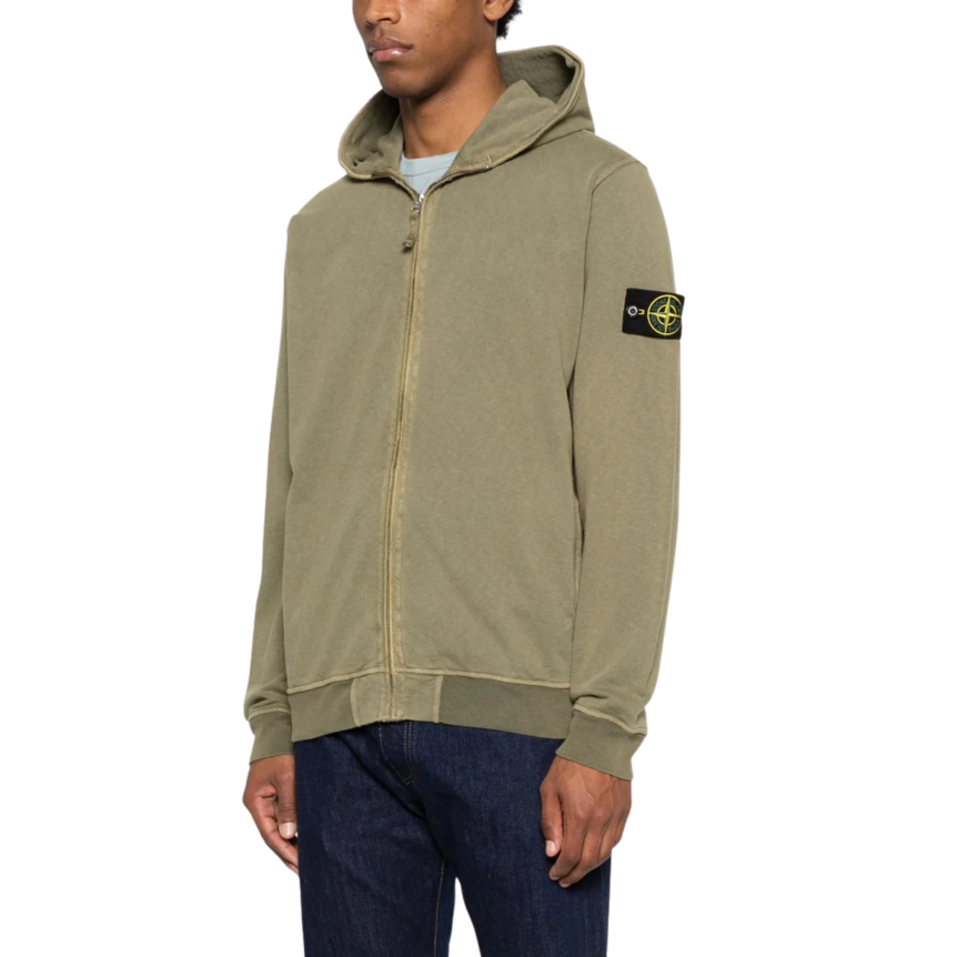 Sweat-shirt zippé STONE ISLAND capuche molleton coton flammé kaki