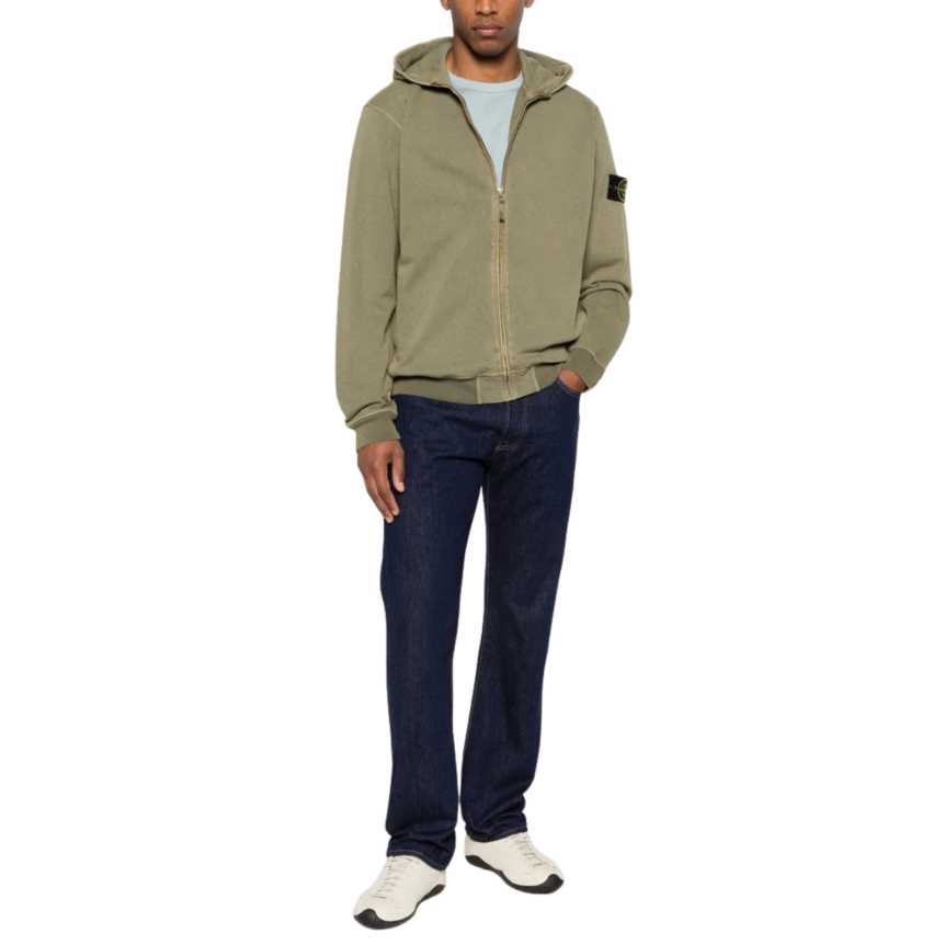 Sweat-shirt zippé STONE ISLAND capuche molleton coton flammé kaki