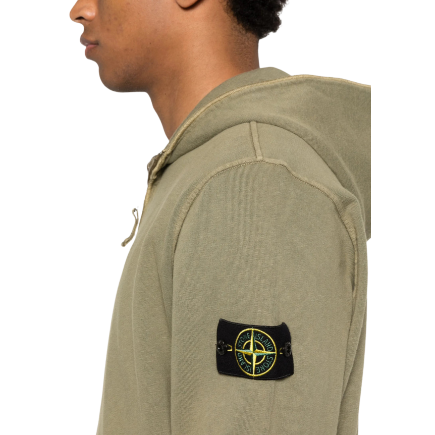 Sweat-shirt zippé STONE ISLAND capuche molleton coton flammé kaki