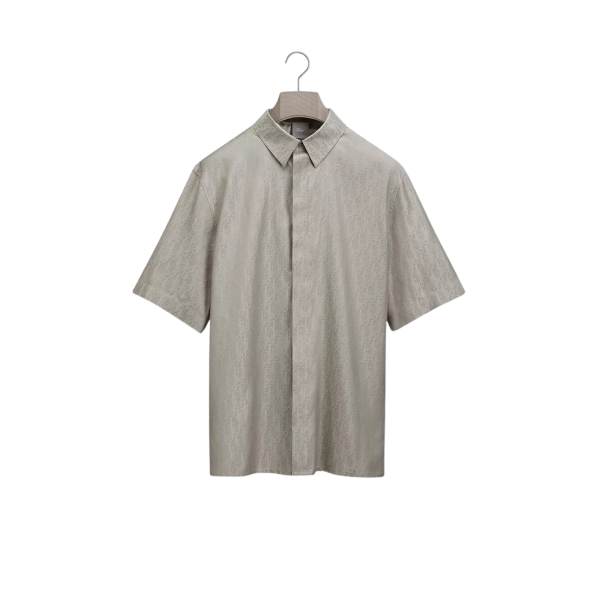Chemise manche courte Dior Oblique Jacquard coton soie gris taupe