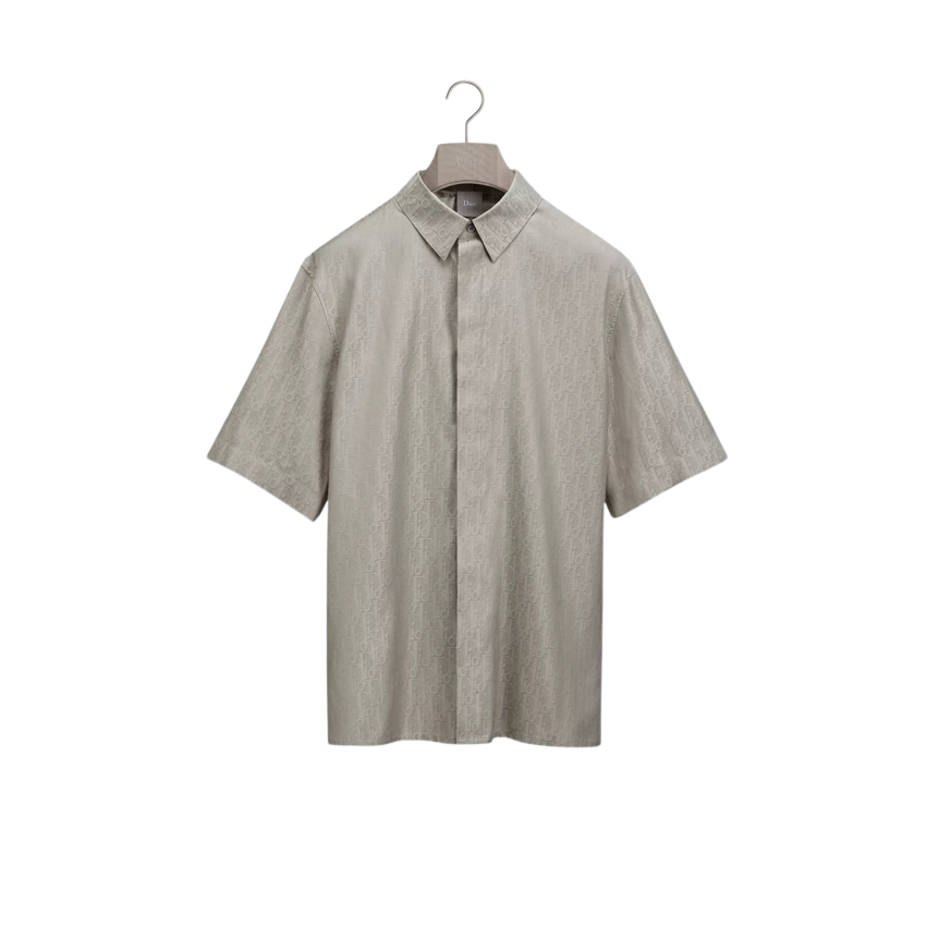 Chemise manche courte Dior Oblique Jacquard coton soie gris taupe