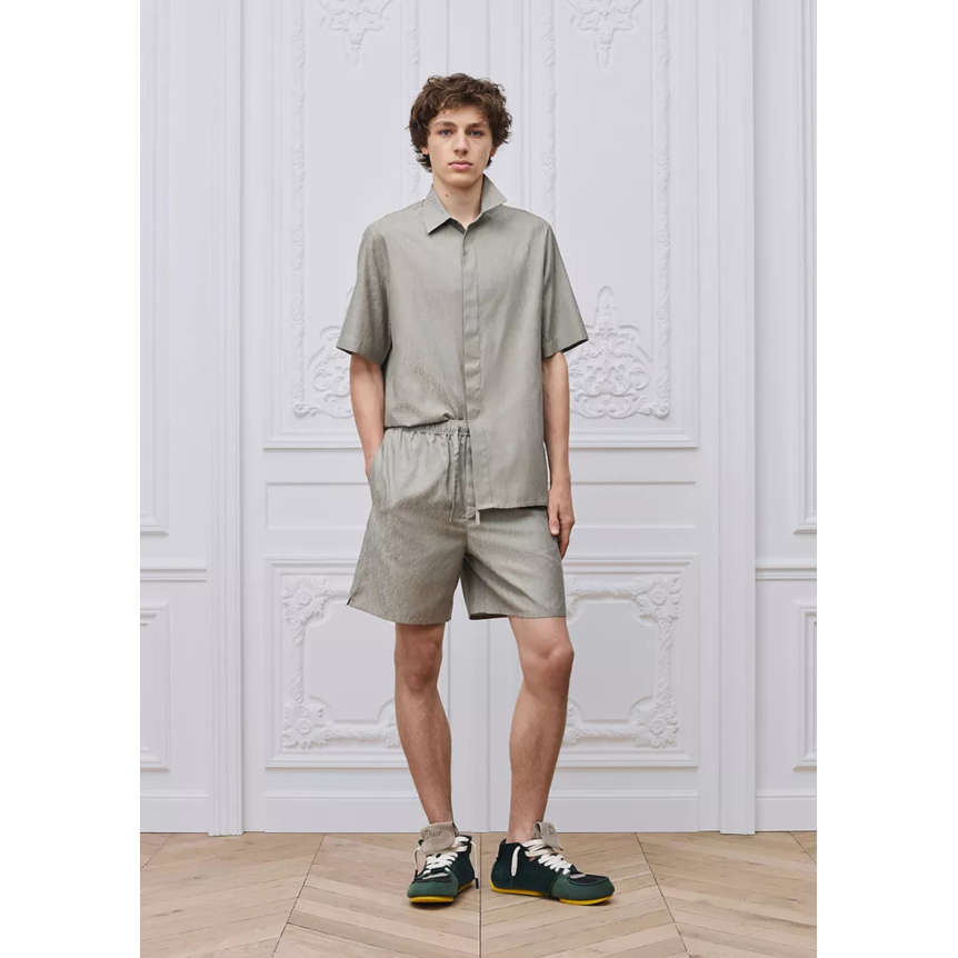 Chemise manche courte Dior Oblique Jacquard coton soie gris taupe