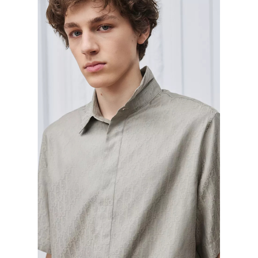 Chemise manche courte Dior Oblique Jacquard coton soie gris taupe