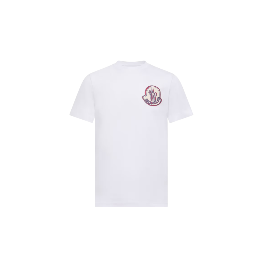 T-shirt col rond MONCLER jersey de coton blanc double logo blanc bleu