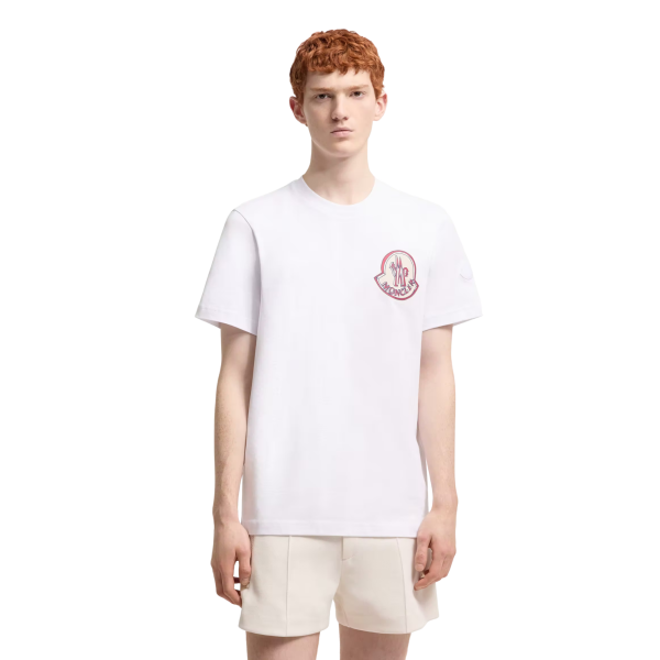 T-shirt col rond MONCLER jersey de coton blanc double logo blanc bleu
