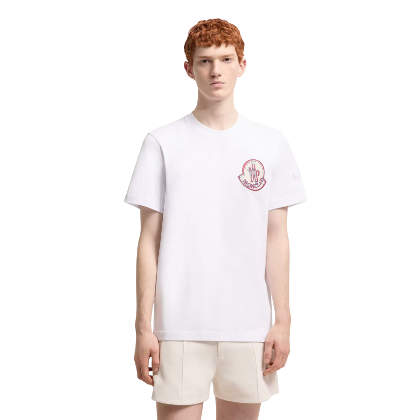 T-shirt col rond MONCLER jersey de coton blanc double logo blanc bleu