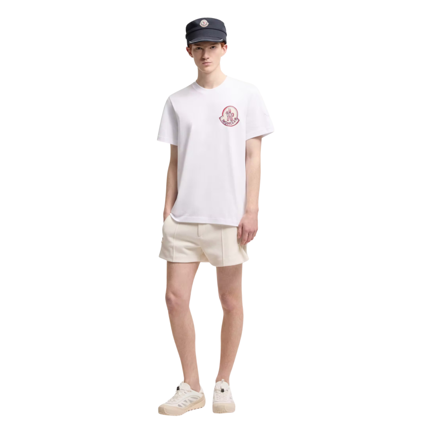 T-shirt col rond MONCLER jersey de coton blanc double logo blanc bleu