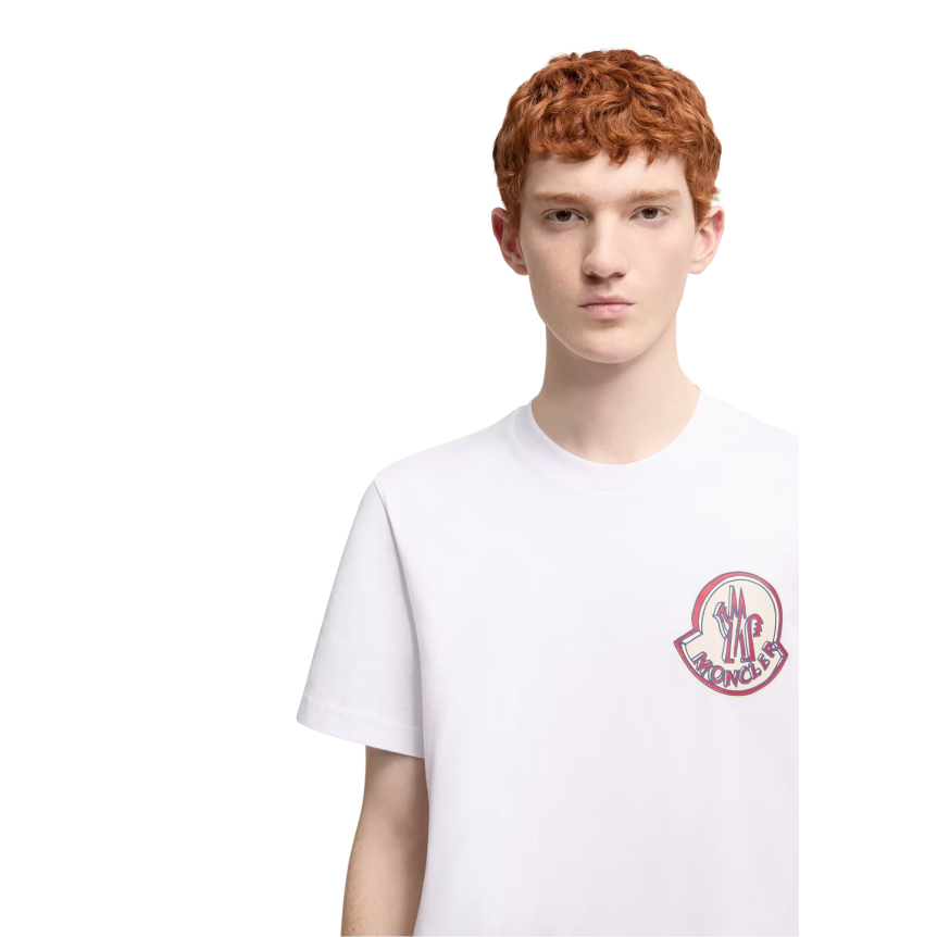 T-shirt col rond MONCLER jersey de coton blanc double logo blanc bleu