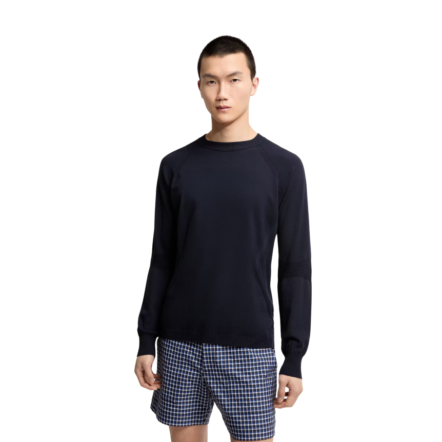 Pull col rond MONCLER crêpe viscose polyester stretch bleu marine Grenoble