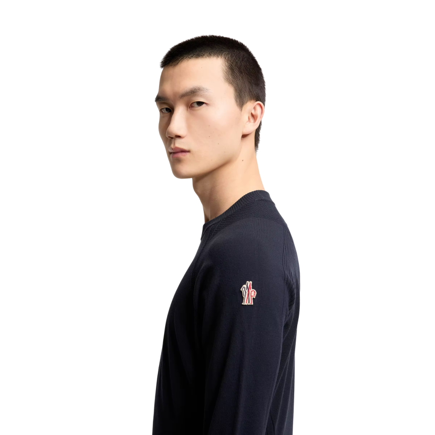 Pull col rond MONCLER crêpe viscose polyester stretch bleu marine Grenoble