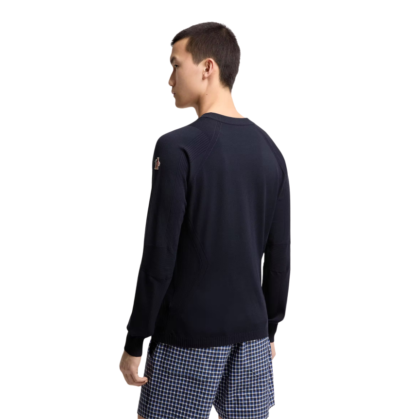 Pull col rond MONCLER crêpe viscose polyester stretch bleu marine Grenoble