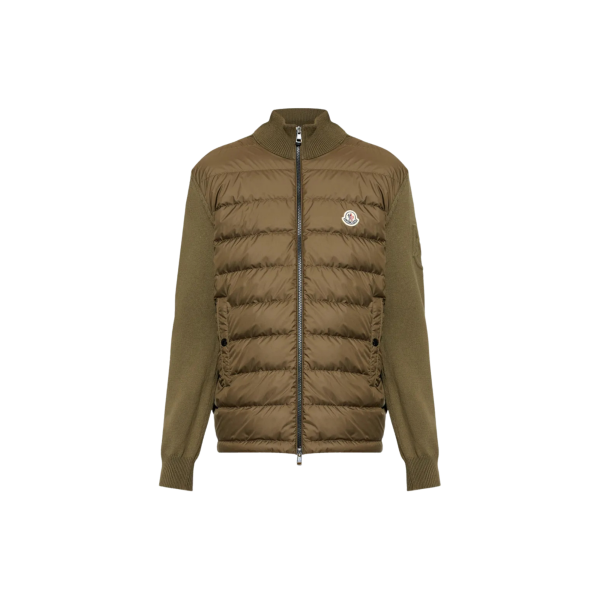 Cardigan matelassé MONCLER bi matière coton polyester kaki logo embossé