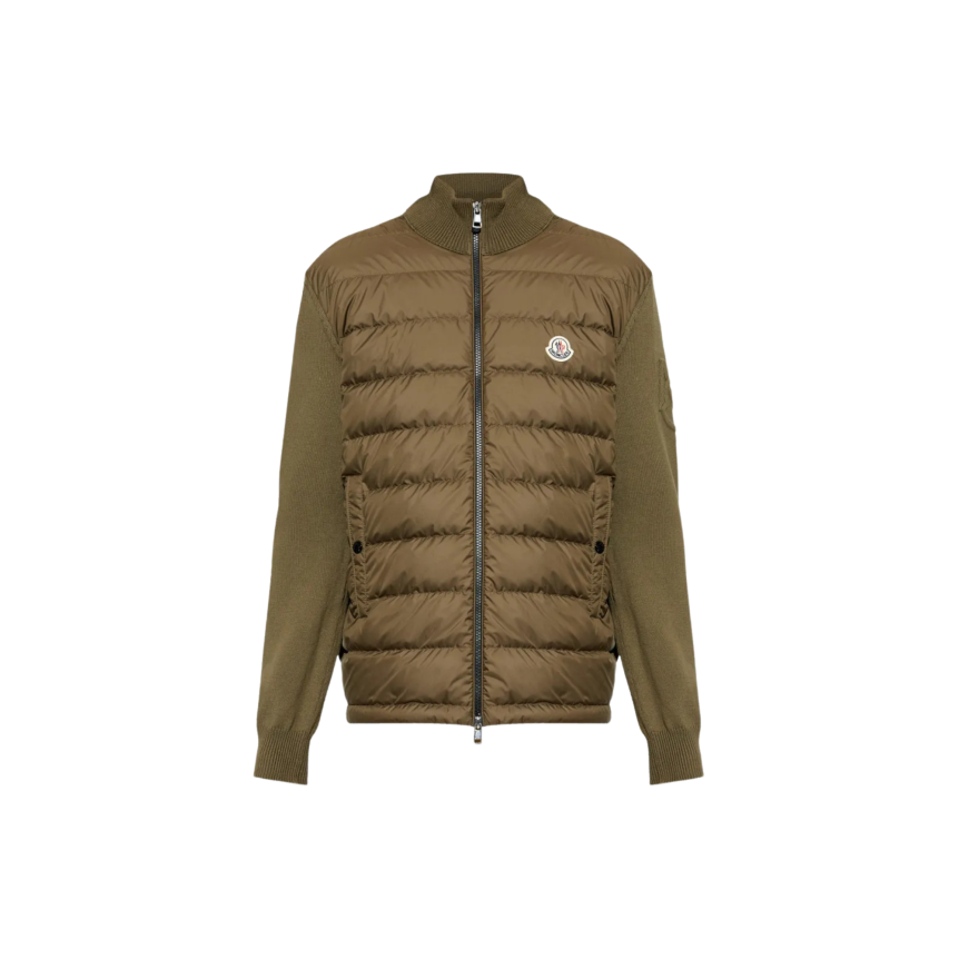 Cardigan matelassé MONCLER bi matière coton polyester kaki logo embossé