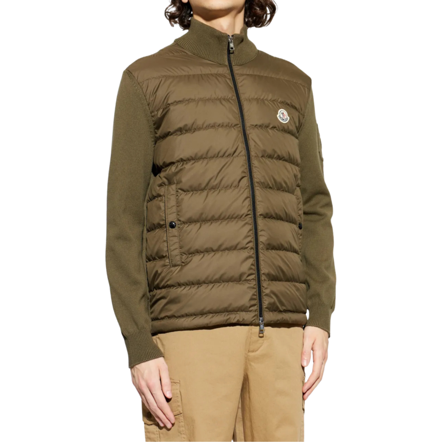 Cardigan matelassé MONCLER bi matière coton polyester kaki logo embossé