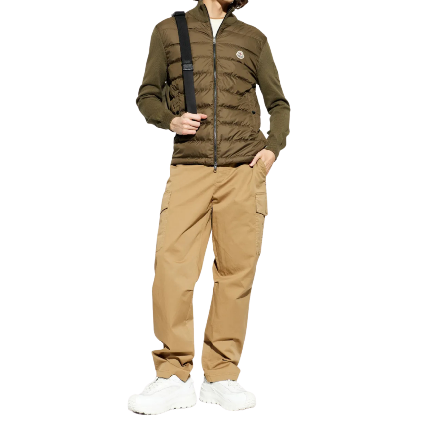 Cardigan matelassé MONCLER bi matière coton polyester kaki logo embossé