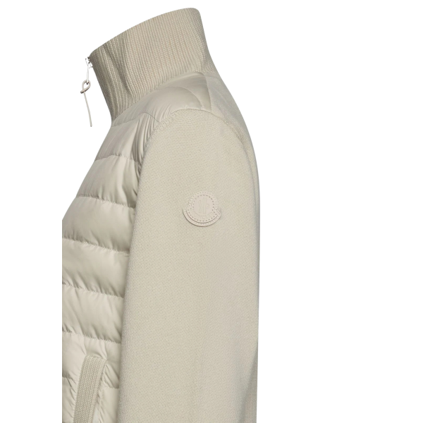 Cardigan matelassé MONCLER bi matière laine nylon beige logo cuir