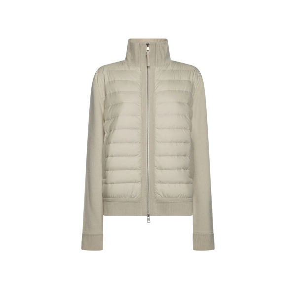 Cardigan matelassé MONCLER bi matière laine nylon beige logo cuir