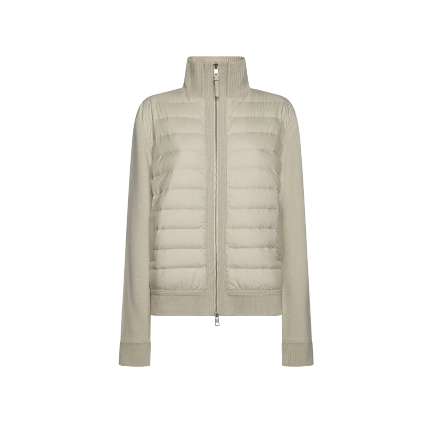 Cardigan matelassé MONCLER bi matière laine nylon beige logo cuir