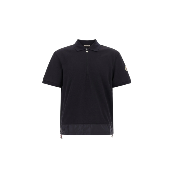 Polo MONCLER piqué de coton bleu marine col demi zip bas nylon