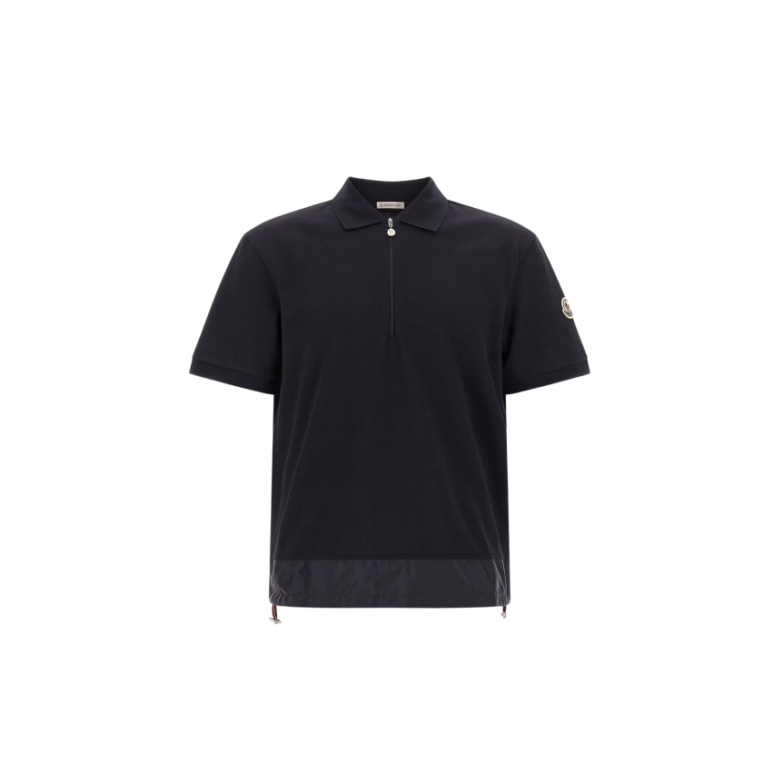 Polo MONCLER piqué de coton bleu marine col demi zip bas nylon