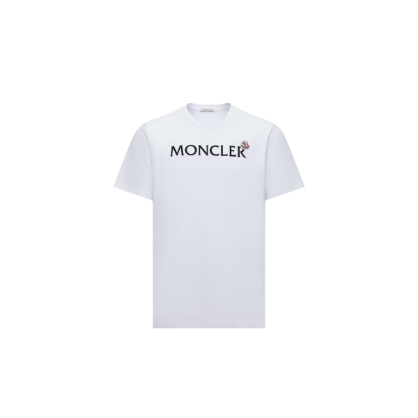 T-shirt col rond MONCLER manche courte coton blanc logo velours