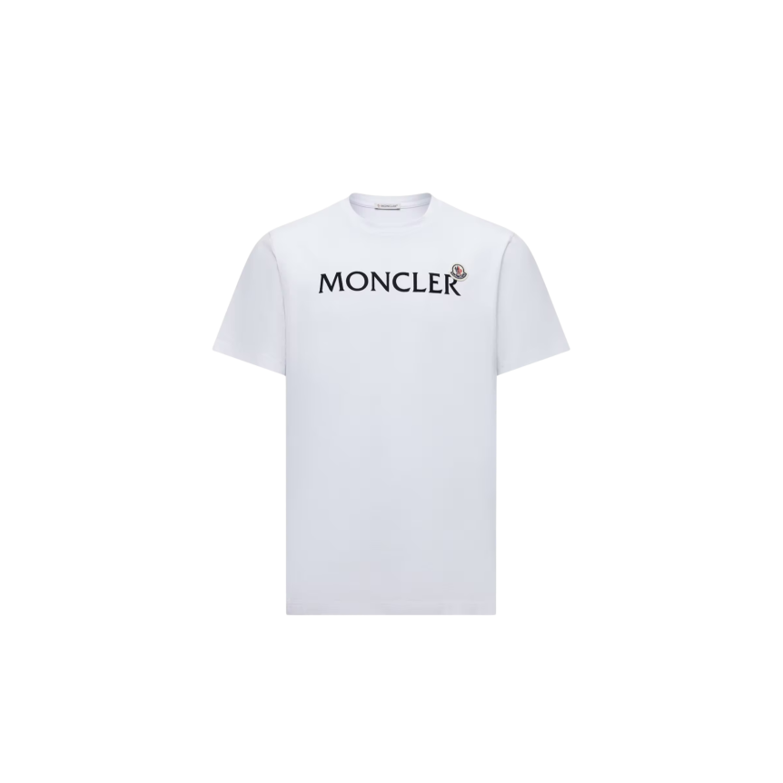 T-shirt col rond MONCLER manche courte coton blanc logo velours
