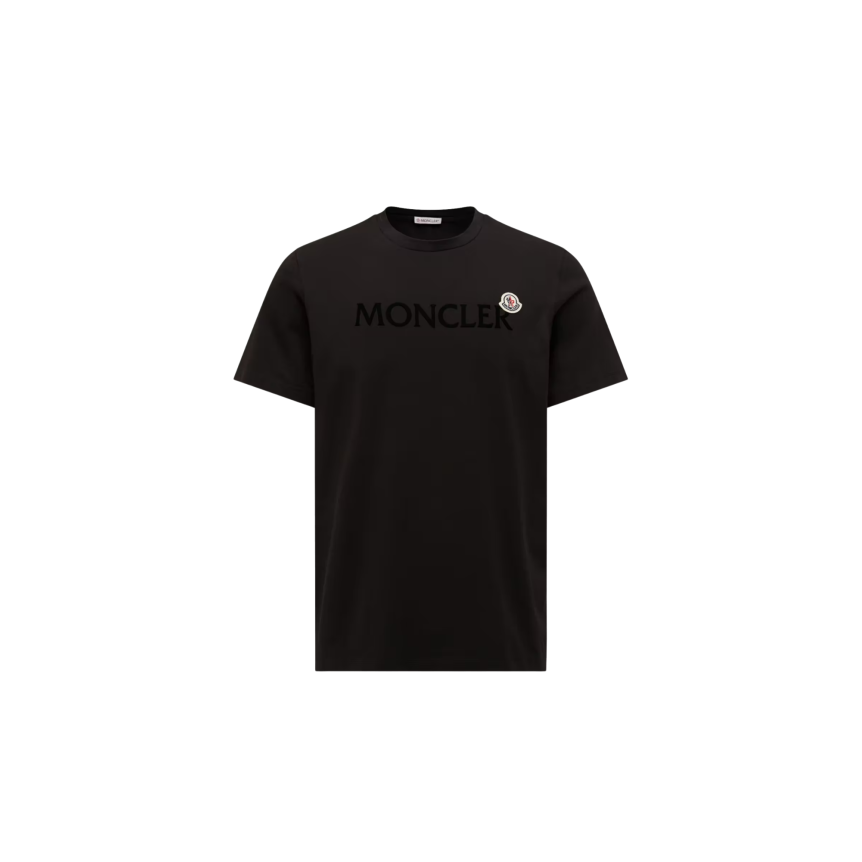 T-shirt col rond MONCLER manche courte coton noir logo velours