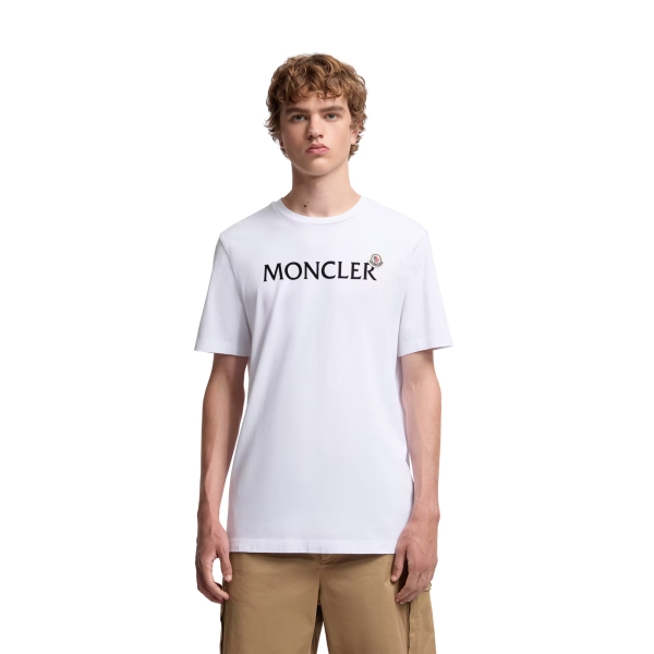 T-shirt col rond MONCLER manche courte coton blanc logo velours