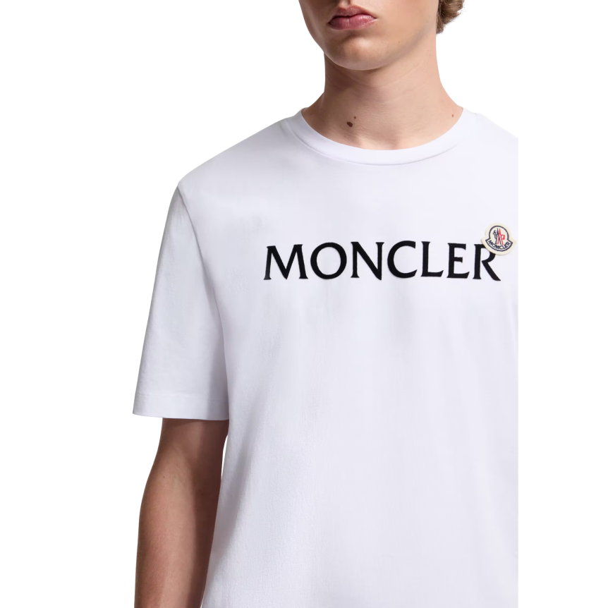 T-shirt col rond MONCLER manche courte coton blanc logo velours