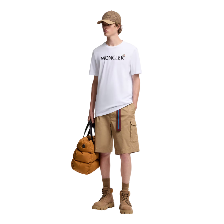 T-shirt col rond MONCLER manche courte coton blanc logo velours