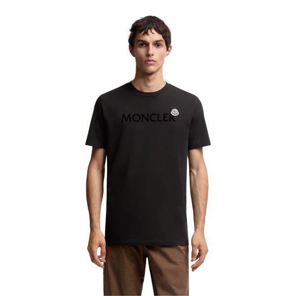T-shirt col rond MONCLER manche courte coton noir logo velours