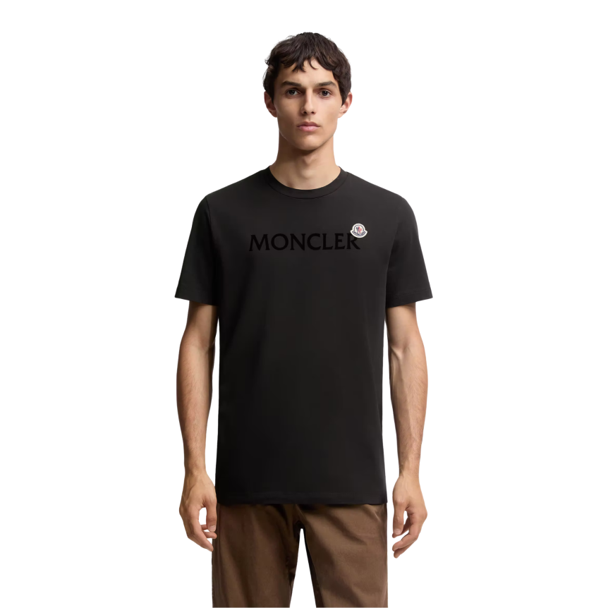 T-shirt col rond MONCLER manche courte coton noir logo velours