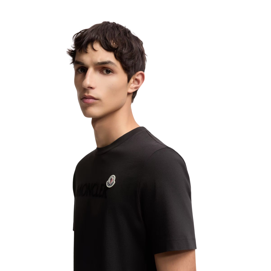 T-shirt col rond MONCLER manche courte coton noir logo velours