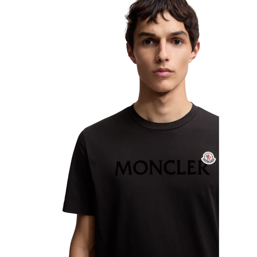 T-shirt col rond MONCLER manche courte coton noir logo velours