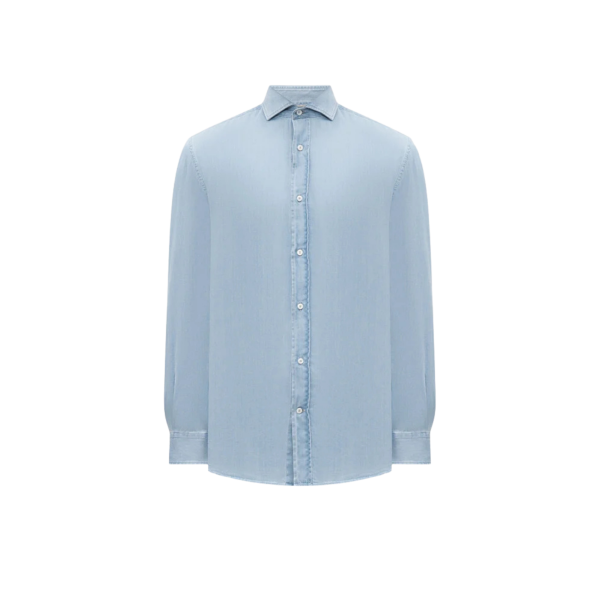 Chemise manche longue BRUNELLO CUCINELLI coton chambray bleu col italien
