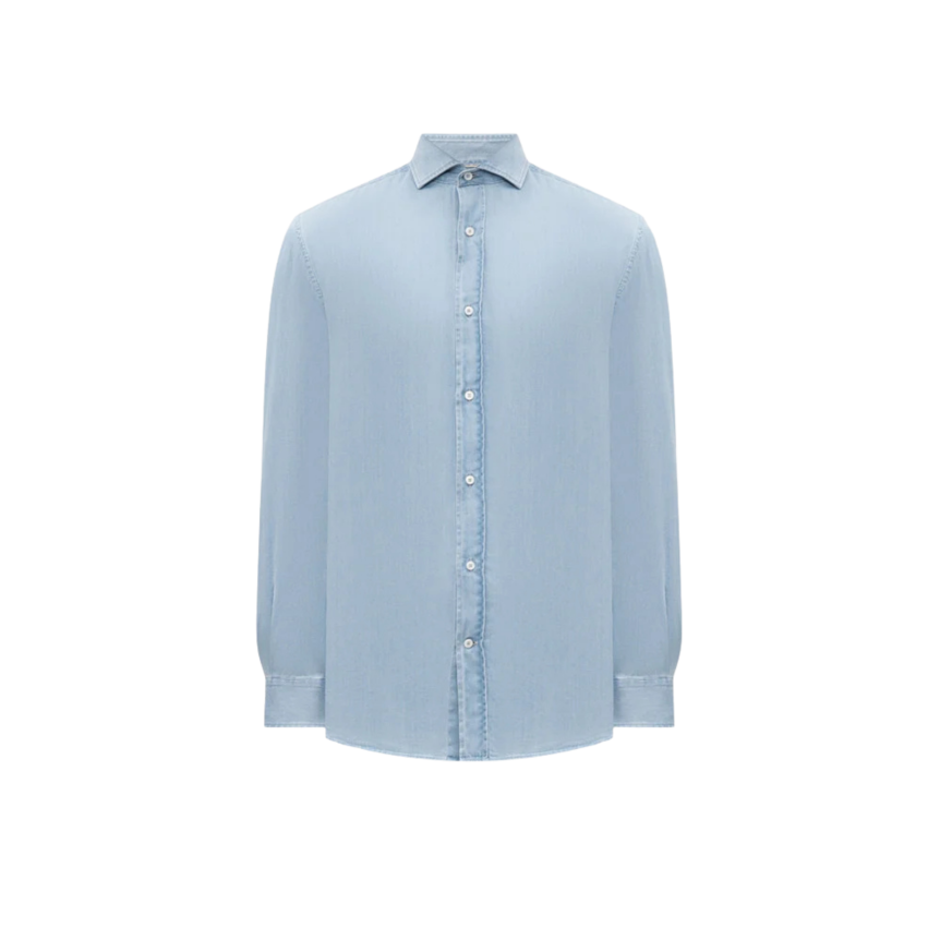 Chemise manche longue BRUNELLO CUCINELLI coton chambray bleu col italien