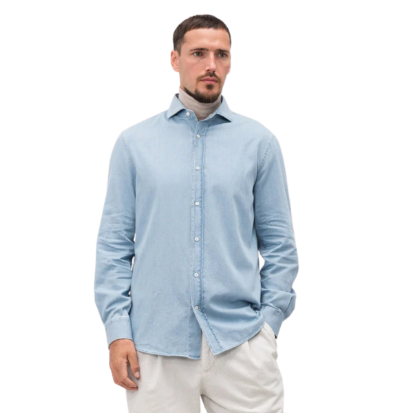 Chemise manche longue BRUNELLO CUCINELLI coton chambray bleu col italien