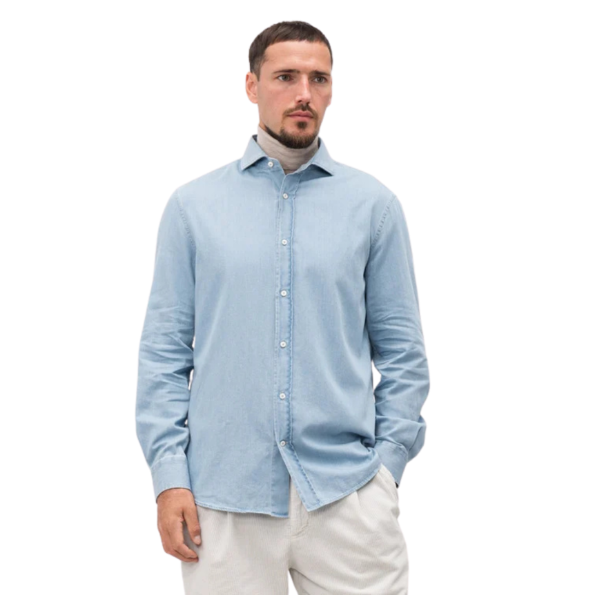 Chemise manche longue BRUNELLO CUCINELLI coton chambray bleu col italien