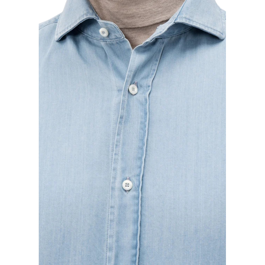 Chemise manche longue BRUNELLO CUCINELLI coton chambray bleu col italien
