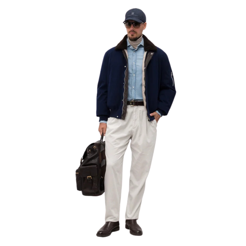 Chemise manche longue BRUNELLO CUCINELLI coton chambray bleu col italien