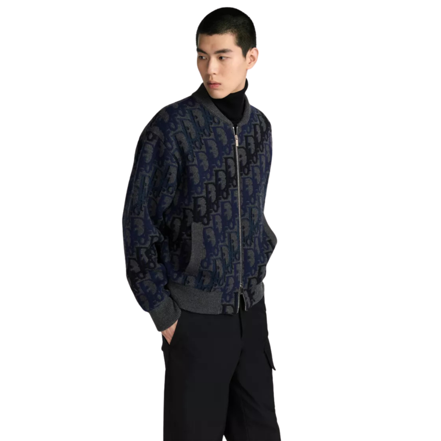 Blouson bomber Dior Oblique Maille de laine grise bleu