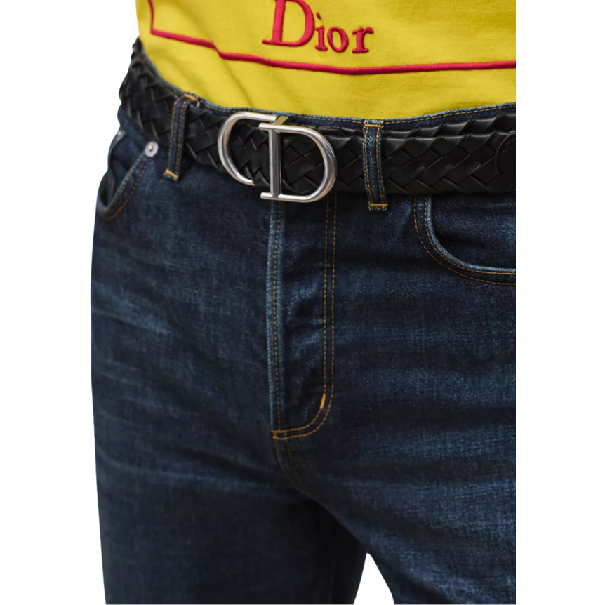 Ceinture DIOR CD Cuir de taurillon tressé noir boucle argent