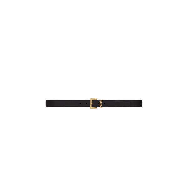 Ceinture SAINT LAURENT cuir veau grainé noir boucle carrée dorée Cassandre