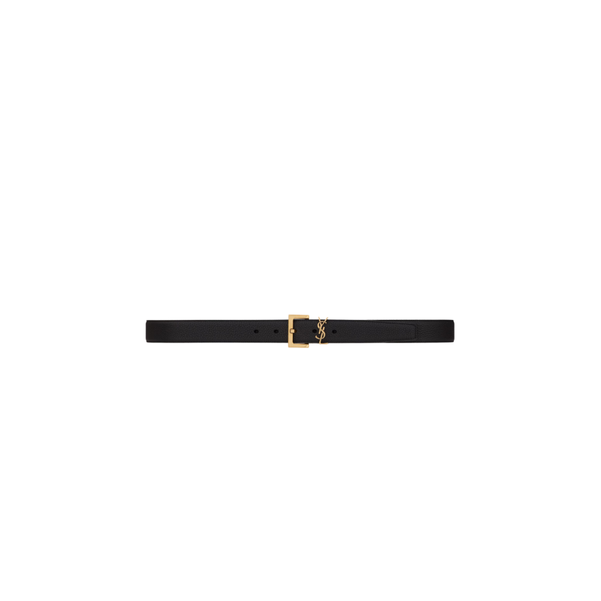 Ceinture SAINT LAURENT cuir veau grainé noir boucle carrée dorée Cassandre