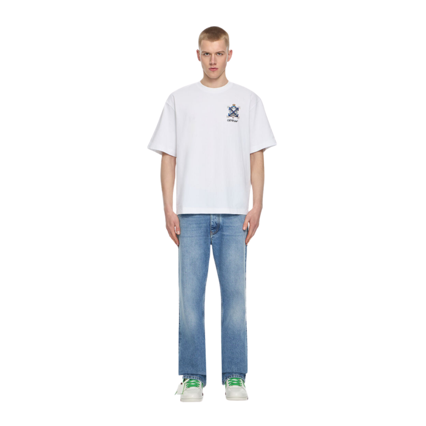 T-shirt manche courte OFF White col rond coton blanc Arrow perle bijou dos