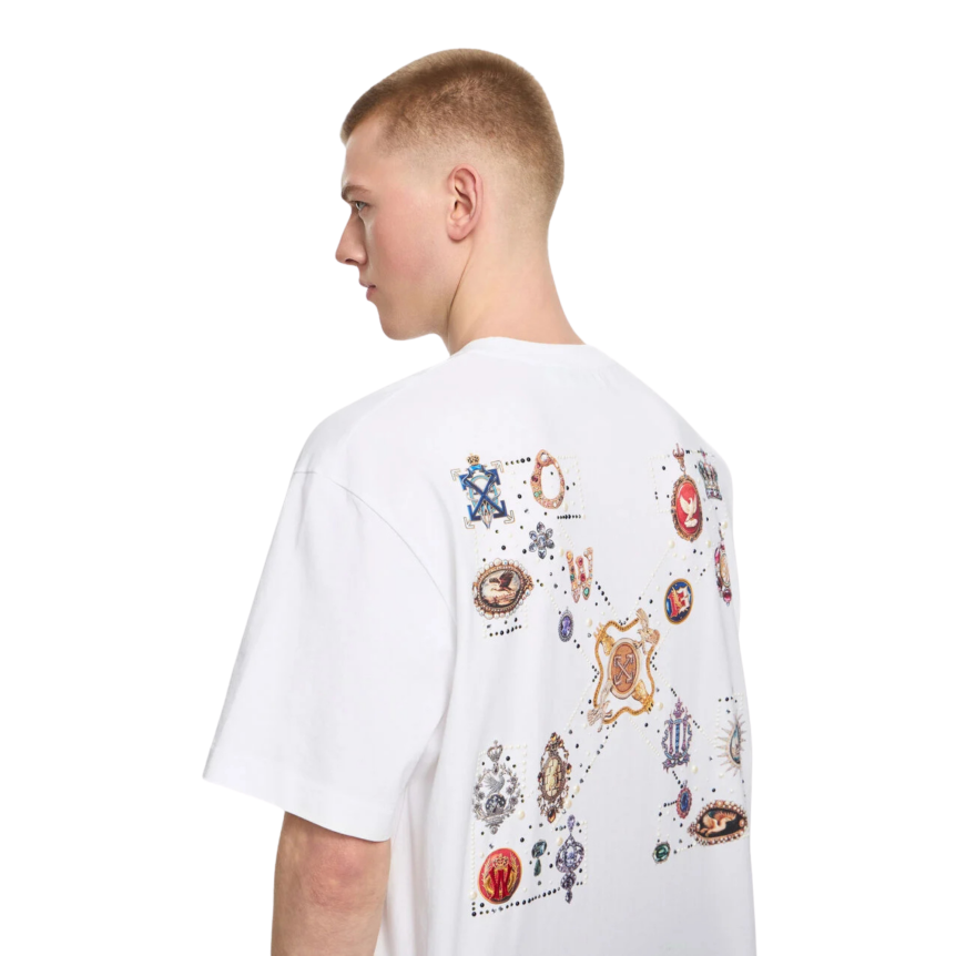 T-shirt manche courte OFF White col rond coton blanc Arrow perle bijou dos
