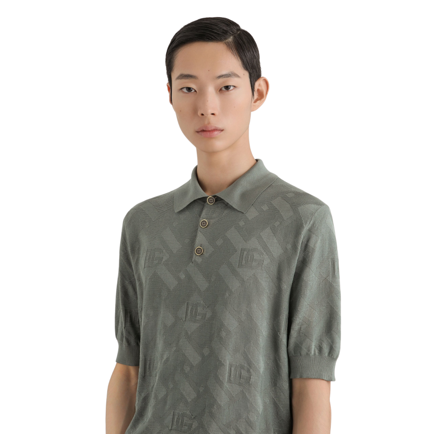 Polo manche courte DOLCE & GABBANA soie vert gris DG relief